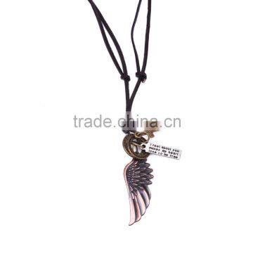 Vintage Genuine Leather Necklace with Purple Bronze Angel Wing Pendant.