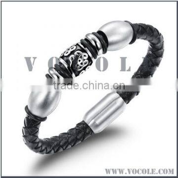 Black woven genuine leather silver stainless steel jewelry bracelet China