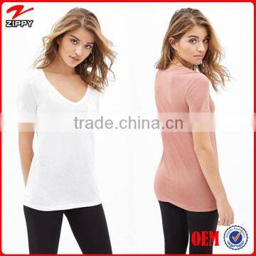 2014 Women New Design V-Neck Pocket Tshirts fitted white women t-shirts