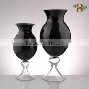 Handblown black large glass vase, decorative pot-bellied vase for wedding