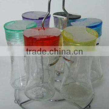 2016 hot sale glass spice containers set with iron flame