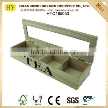 custom unfinished wooden tea box with glass top lid