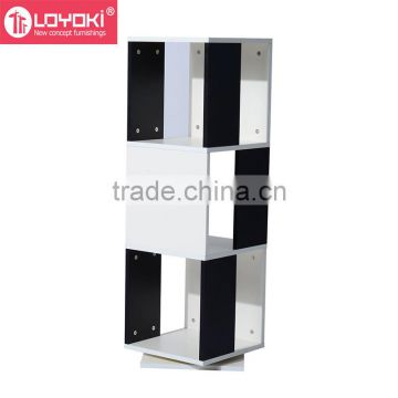 3-Tier Rotating Bookshelf Black and White MDF wood bookcase wooden cube organizer