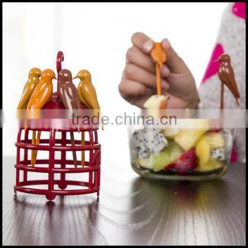 eco-friendly Creative Cute design bird shape ABS plastic fruit fork set with birdcage dessert fork set wholesale