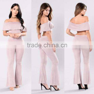 Bundle Clothing Manufacturer Off Shoulder Cropped Top And Flared Wide Leg Ruffle Pants two piece