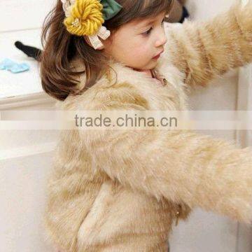 Plain color long child and kids coat with faux fur