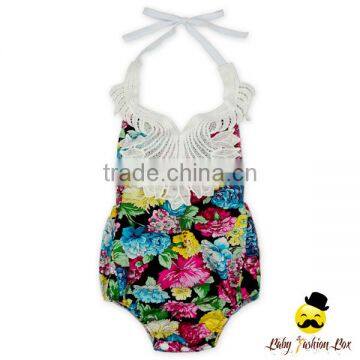 0-2 Years Summer Cotton Flower Printed Halter Lace Froal Infant Newborn Baby Girl Vintage Romper Clothes photo-3