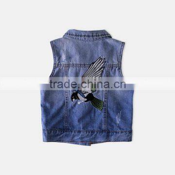 S60591B 2017 Girls Vest Turn Collar Children Clothes Bird Embroidery Waistcoats Sleeveless Kids Jeans Jackets photo-3