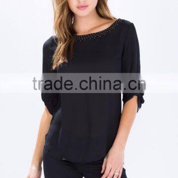 Latest Roll Sleeves Beaded Woman Blouse Fashion Blouse for Daily Life photo-2