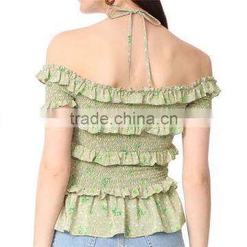 2017 OEM Femme Halter Ties Dainty Floral Elastic Ruffles Frill Blouse photo-4