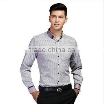 double collar shirt with woven tape decoration cuff check design non iron shirt