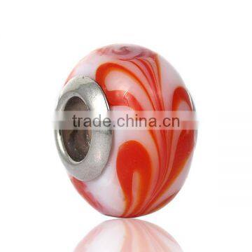 Lampwork Glass European Style Large Hole Beads Round Pattern White & Red With 304 Stainless Steel Silver Tone Core