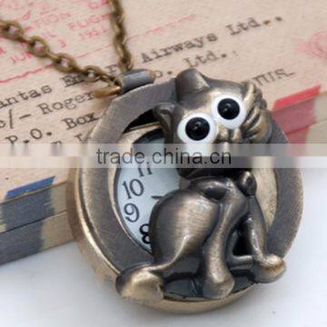 Antique Bronze Cartoon Cat Flip-Open Cover Pocket Watch Long Chain Necklace