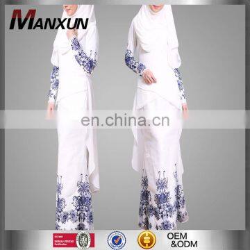 High Quality Muslim Design Baju Melayu Chiffon Georgette Printing Flroal Full Lining And Organza Lace Baju Kurung