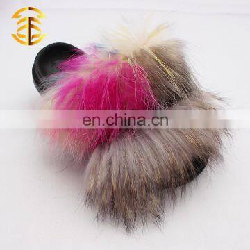 Double color women fancy raccoon fur personalized hotel slippers