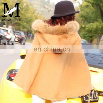 Great Quality Wool Shawl Coat Genuine Raccoon Fur Cape with Fur Hood