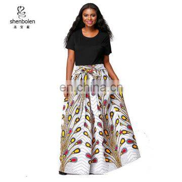 latest design wax white peacock print African maxi cotton long skirts