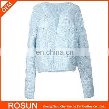 Hot selling cable knitted deep V neck sweater without button of women's cardigan