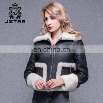 2017 New Style Double Face Lambskin Lined Leather Motorcycle Fur Jacket for Women