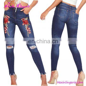 Wholesale Fashion Pants Dark Blue Ripped Embroidery Ladies Jeans