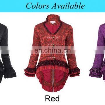 Belle Poque Women's Retro Vintage Gothic Victorian Corset Style Lace Embellished V-Neck Jacquard Red Coat Tops BP000223-2 photo-6