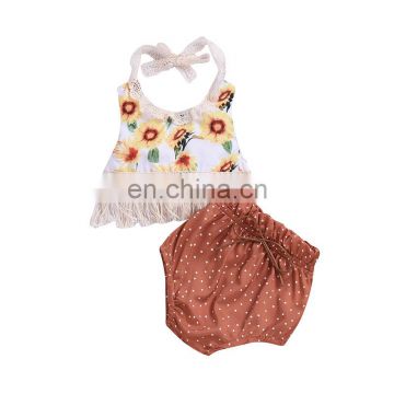 2pcs Set Summer Yellow Girls Clothing Set Toddler Infant Baby Sunflower Backless Tops+Shorts Dot Briefs Outfits Set