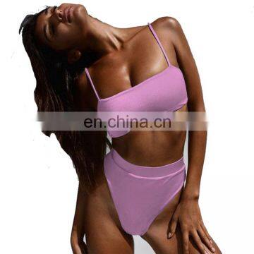 Amazon hot sale sexy swimwear classic solid plain high waist split bikini swimsuit