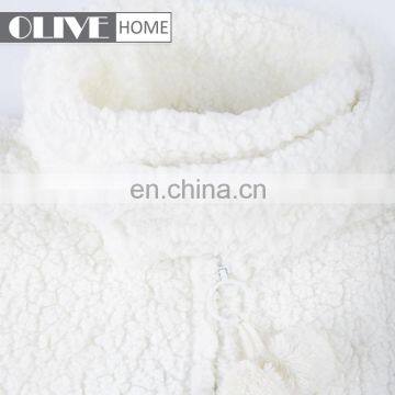 Standing Collar White Super Soft Plush Sherpa Fleece Zipper Bathrobe With Pompom photo-4