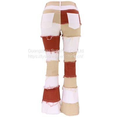 Fashion Patchwork High Waist Tight Hip Flared Women's Denim Trousers photo-3