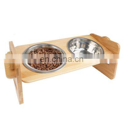 Adjustable Bamboo Raised Pet Bowl Elevated Dog Cat Food and Water Bowls Stand Feeder Poultry Feeder With Stainless Steel Bowls photo-5
