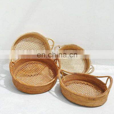 Set Of 2 Woven Rattan Tray with Handle, Wicker Fruit tray Natural Tray Basket Wholesale Handwoven