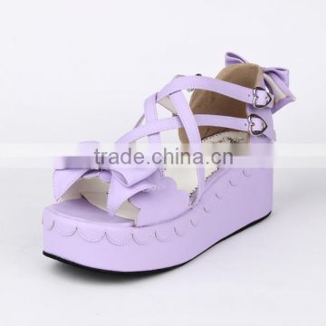 Beauty sweet purple bow flat heel lace cross Lolita pu shoes for girls                        
                                                Quality Choice