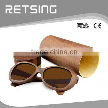 Bamboo material cylinder sunglass case walnut wood