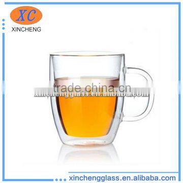 2015 heat resistant double wall glass cup with handle