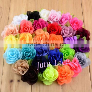 Francy Baby Kids Hair Accessories 30Colors Mini 6cm Craft Chiffon Fabric Flower with Leaf -handmade artificial decorative flower