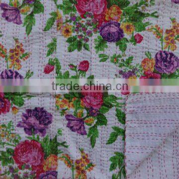 Handmade Kantha Quilt,Cotton Quilt India,Handstiched Floral Kantha Bedspread