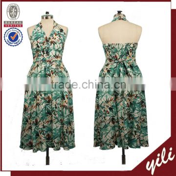 Printed pleated back latest dress designs full dress ladies halter dress