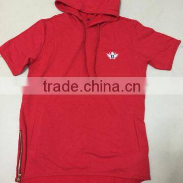 Hot sale men's short sleeve hoody,men's solid color zippers scoop bottom hoody,T-shirts wholesale in Guangzhou