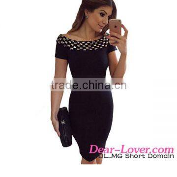 Dear Lover Latest Cheap Studded Off Shoulder Black Short Sleeve Sexy Women Bodycon Dresses