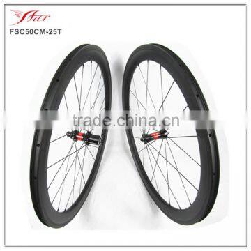 FSC50CM-25T 700C full carbon fiber 50mm clincher rims with straight pull hub, 36 ratchets high quality carbon wheels