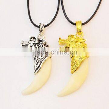 Retro Cool Men's Charm Choker Wolf Tooth Pendant Genuine Leather Alloy Necklace