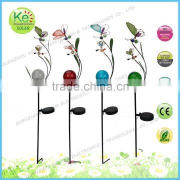 Color glass ball with butterfly solar garden metal stake light