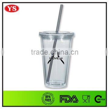 16 Ounce Double Wall Plastic Cold Tumbler With Straw