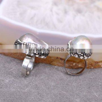 Nature Freshwater Pearl Rings, Silver Plated Metal with Crystal Zircon Paved Pearl Ring Jewelry