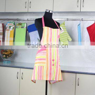 Household Pink Stripes Printed Bib Kitchen Cotton Apron With Pocket