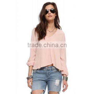 Woman fashion pink color fashion V neck long puff sleeve casual loose chiffon blouse