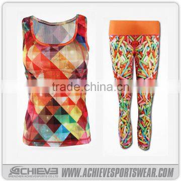 wholesale athletic fitness wear sublimated slim fit yoga leggings custom active crop bra tops