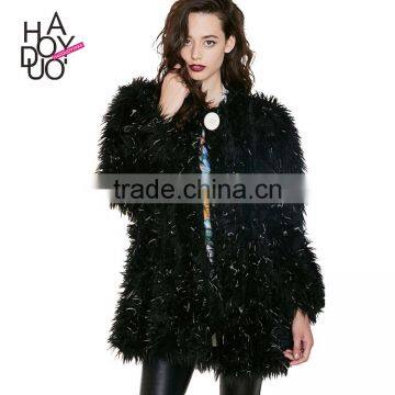 HAODUOYI Women Black Faux Fur Long Sleeve Sliver Fur Patchwork Coat