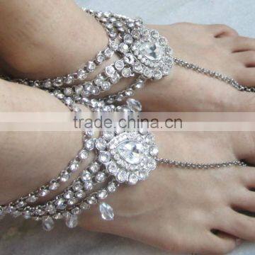 PAYAL Anklets pair CRYSTAL SILVER TONE WITH TOE RING , BAREFOOT SANDAL