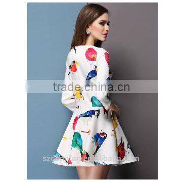 Casual 2015 Summer Style Sexy Bodycon Birds Print O Neck Pleated Party White Dress Women Vestidos Cheap Clothes China photo-2